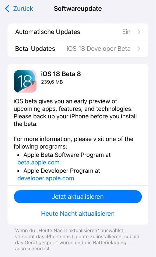 资中苹果手机维修分享苹果 iOS / iPadOS 18 开发者预览版 Beta 8 发布 